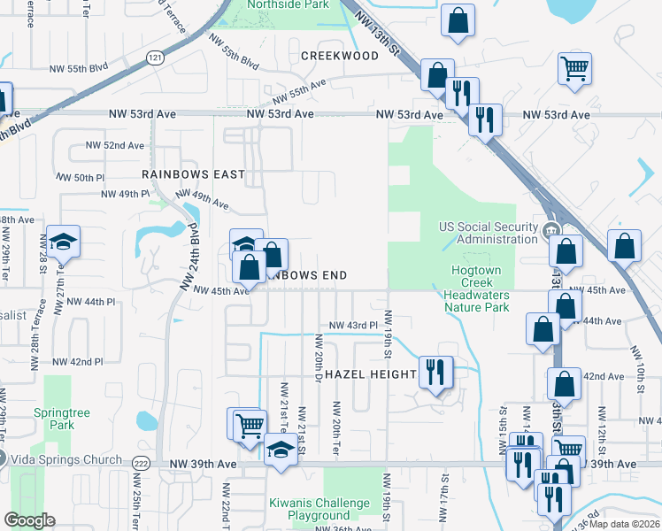 map of restaurants, bars, coffee shops, grocery stores, and more near 4536 Northwest 20th Terrace in Gainesville