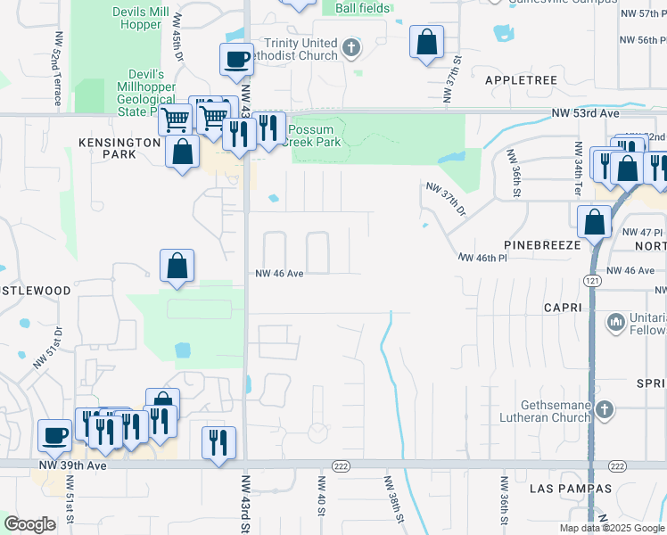 map of restaurants, bars, coffee shops, grocery stores, and more near 4619 Northwest 40 Street in Gainesville