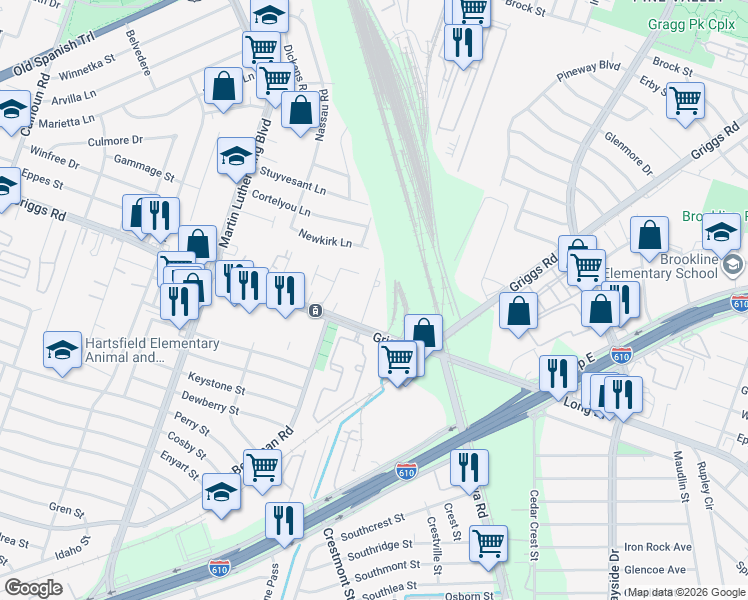 map of restaurants, bars, coffee shops, grocery stores, and more near 5628 Sunrise Road in Houston
