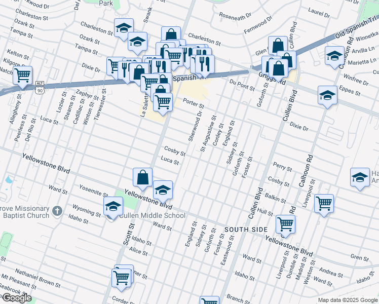 map of restaurants, bars, coffee shops, grocery stores, and more near 6330 Sherwood Drive in Houston