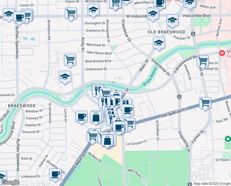 map of restaurants, bars, coffee shops, grocery stores, and more near 7700 Main street in Houston