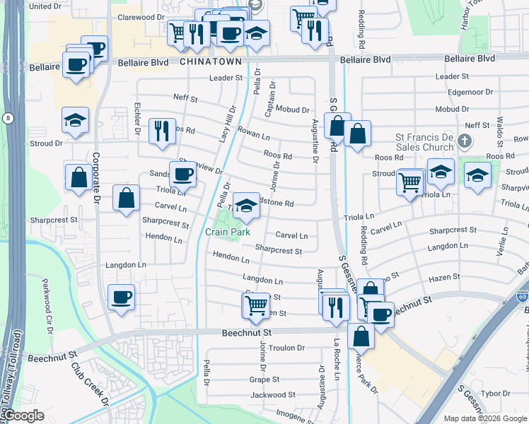 map of restaurants, bars, coffee shops, grocery stores, and more near 9014 Triola Lane in Houston