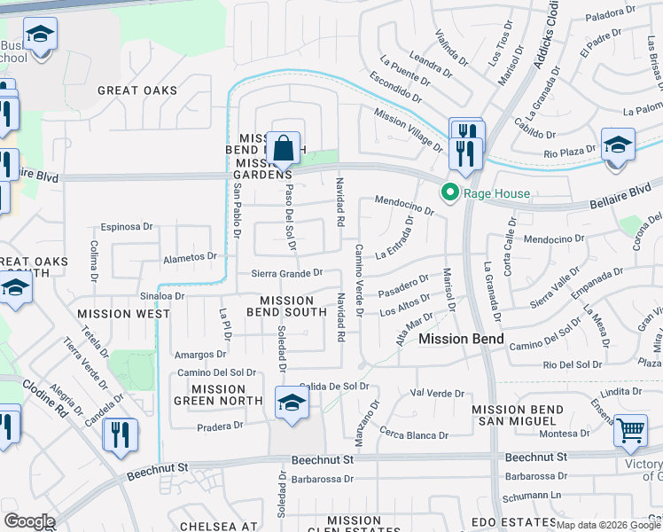 map of restaurants, bars, coffee shops, grocery stores, and more near 16218 Sierra Grande Drive in Houston