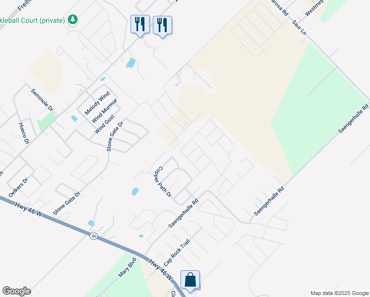 map of restaurants, bars, coffee shops, grocery stores, and more near 465 Sand Trail Street in New Braunfels