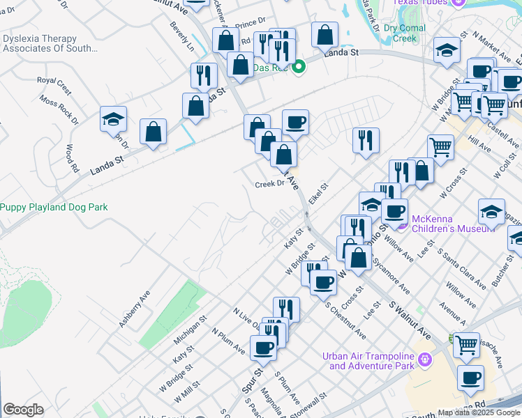 map of restaurants, bars, coffee shops, grocery stores, and more near 400 North Hickory Avenue in New Braunfels