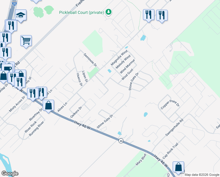 map of restaurants, bars, coffee shops, grocery stores, and more near 1063 Mellow Breeze in New Braunfels