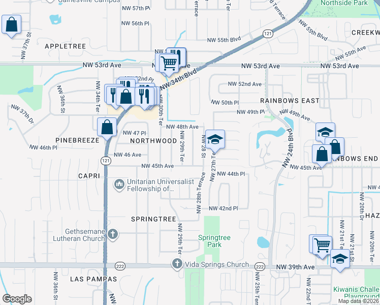 map of restaurants, bars, coffee shops, grocery stores, and more near 4600 Northwest 28th Terrace in Gainesville