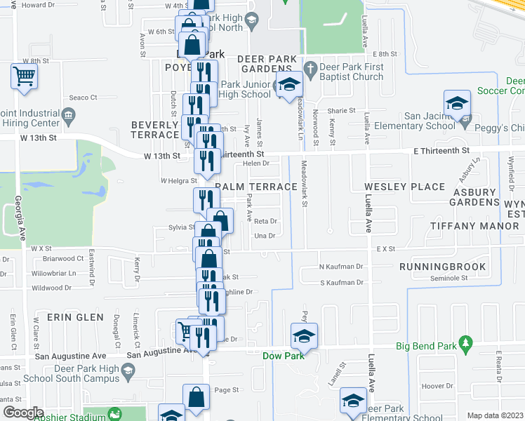 map of restaurants, bars, coffee shops, grocery stores, and more near 318 Crete Drive in Deer Park