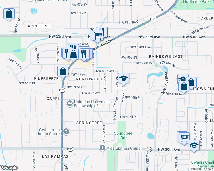 map of restaurants, bars, coffee shops, grocery stores, and more near 4600 Northwest 28th Terrace in Gainesville