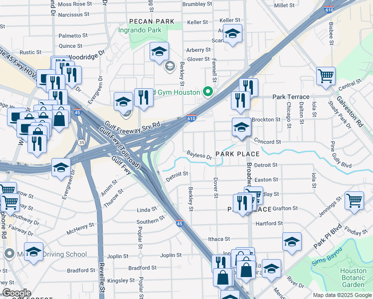 map of restaurants, bars, coffee shops, grocery stores, and more near 2927 Berkley Street in Houston