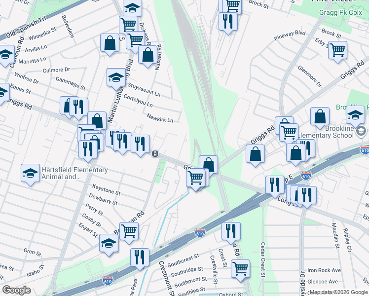 map of restaurants, bars, coffee shops, grocery stores, and more near 5628 Sunrise Road in Houston