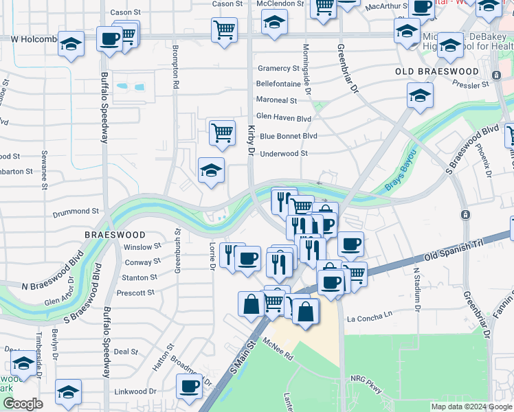 map of restaurants, bars, coffee shops, grocery stores, and more near Kirby Dr & S Braeswood Blvd in Houston