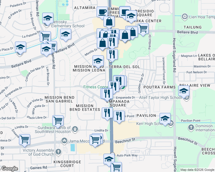 map of restaurants, bars, coffee shops, grocery stores, and more near 7315 Mission Court Drive in Houston