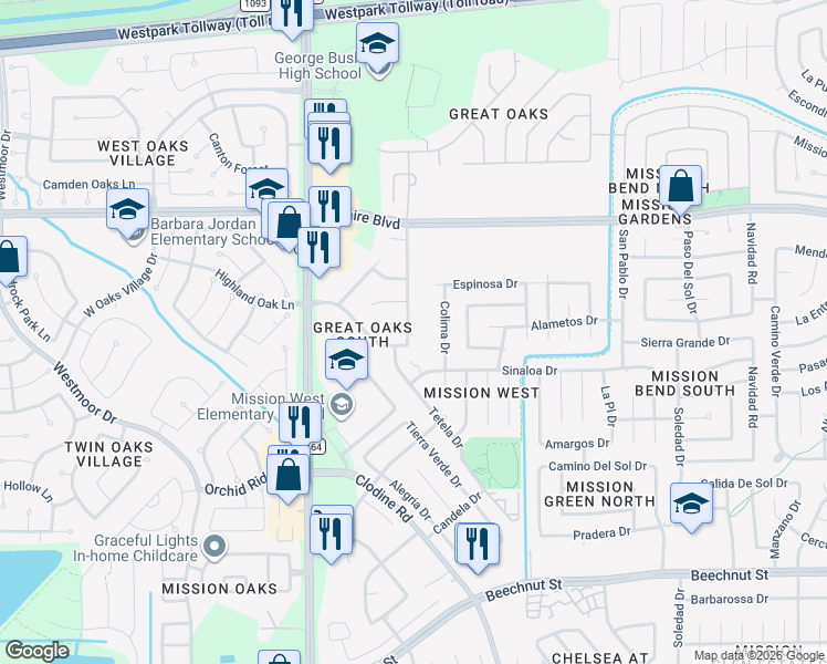 map of restaurants, bars, coffee shops, grocery stores, and more near 7247 Chickory Woods Lane in Houston