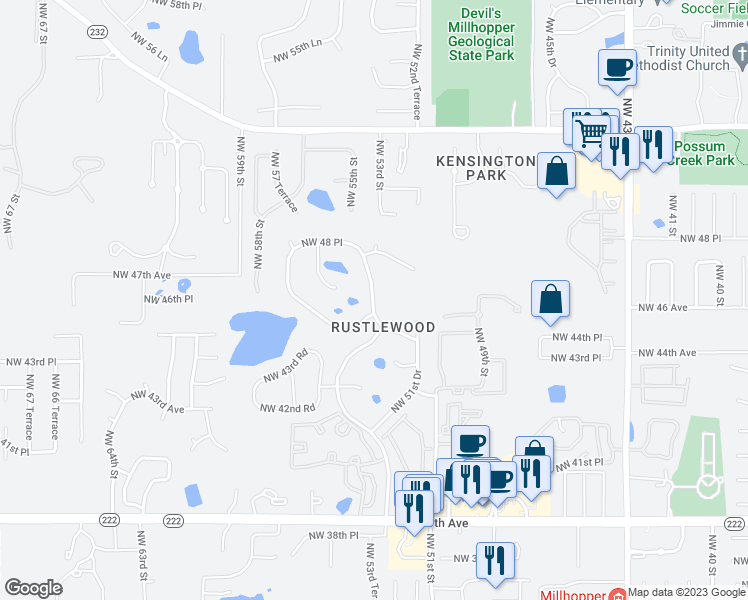 map of restaurants, bars, coffee shops, grocery stores, and more near 4607 Northwest 53rd Street in Gainesville
