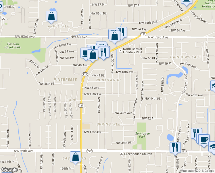 map of restaurants, bars, coffee shops, grocery stores, and more near 4601 Northwest 31 Terrace in Gainesville