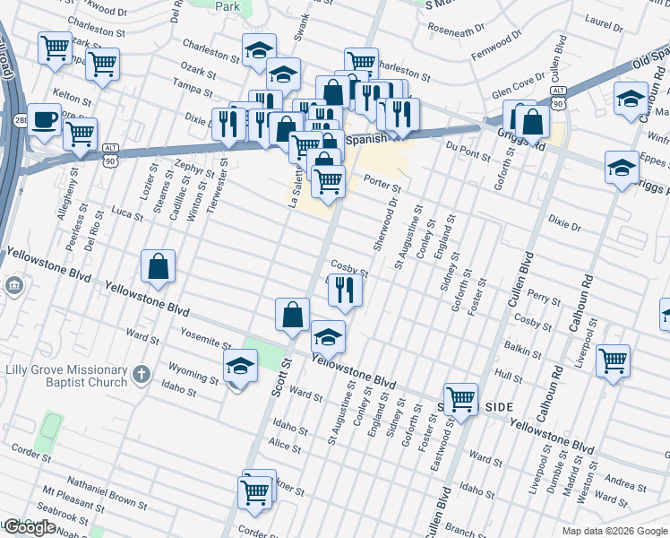 map of restaurants, bars, coffee shops, grocery stores, and more near 3914 Cosby Street in Houston