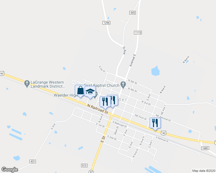 map of restaurants, bars, coffee shops, grocery stores, and more near 315 Northwest 3rd Street in Waelder