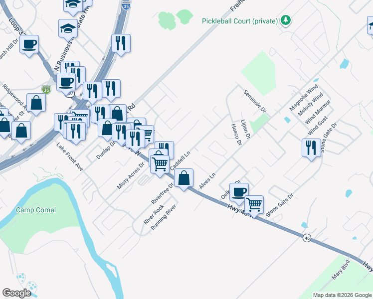 map of restaurants, bars, coffee shops, grocery stores, and more near 173 Caddell Lane in New Braunfels