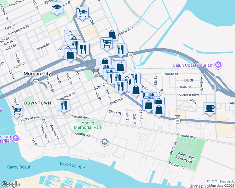 map of restaurants, bars, coffee shops, grocery stores, and more near 6502 Louisiana 182 in Morgan City