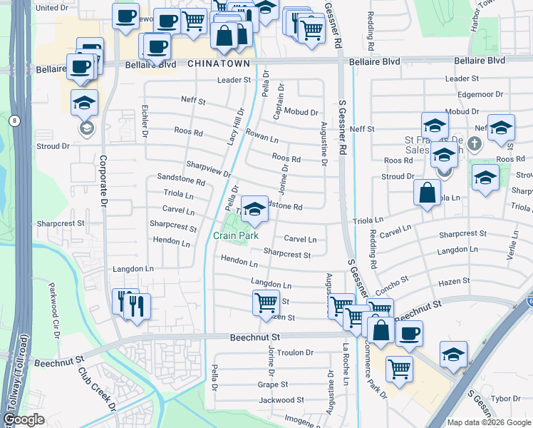 map of restaurants, bars, coffee shops, grocery stores, and more near 9014 Triola Lane in Houston