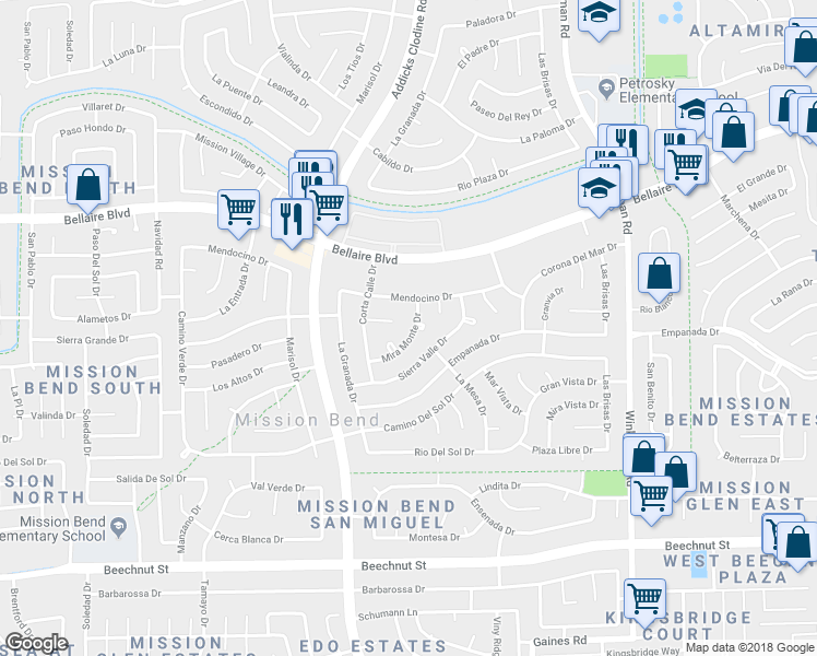map of restaurants, bars, coffee shops, grocery stores, and more near 15530 Mira Monte Drive in Houston
