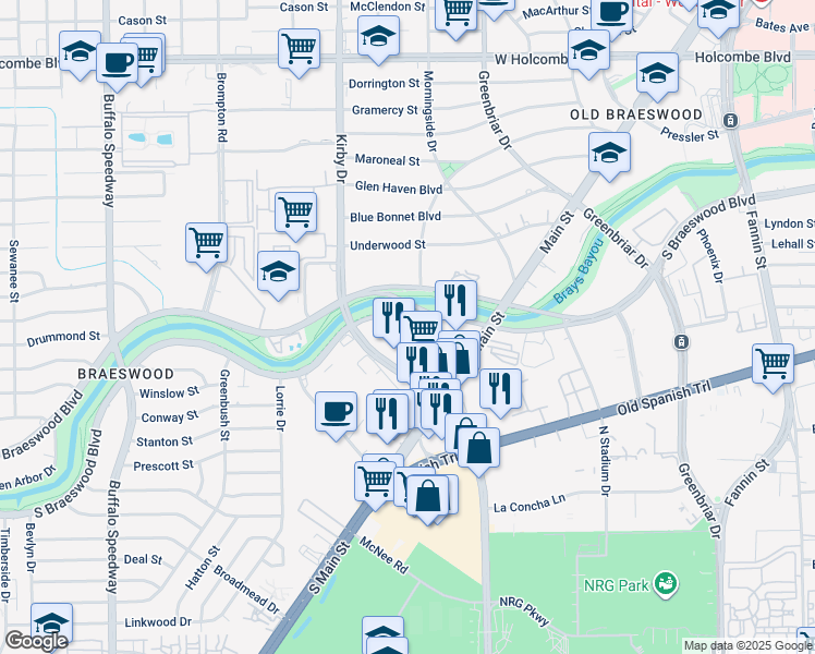 map of restaurants, bars, coffee shops, grocery stores, and more near 2453 South Braeswood Boulevard in Houston