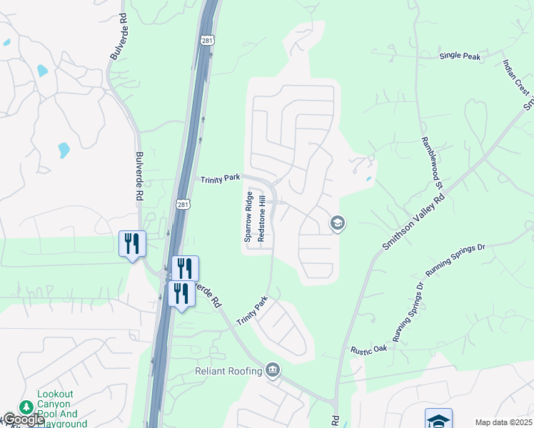 map of restaurants, bars, coffee shops, grocery stores, and more near 26810 Redstone Hill in San Antonio