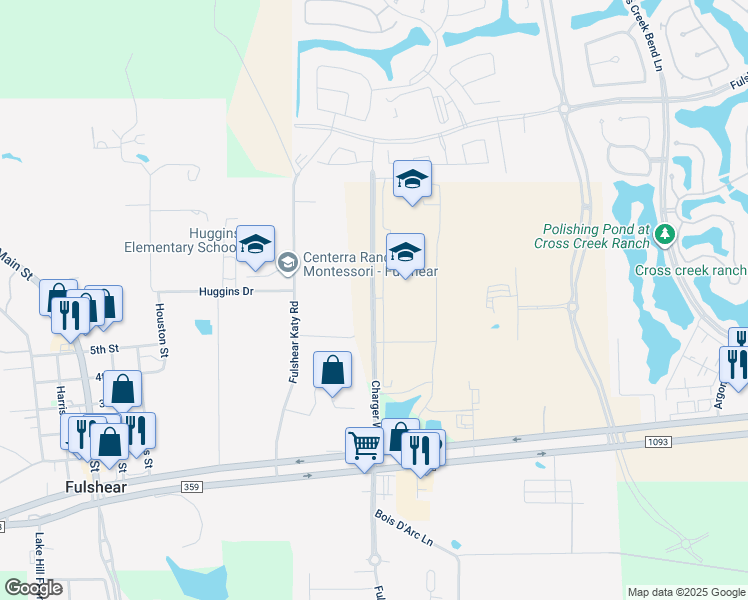 map of restaurants, bars, coffee shops, grocery stores, and more near Charger Way in Fulshear