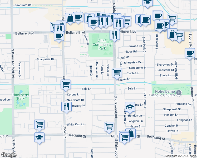 map of restaurants, bars, coffee shops, grocery stores, and more near 7515 Universal Drive in Houston