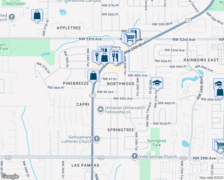 map of restaurants, bars, coffee shops, grocery stores, and more near 3146 Northwest 46 Avenue in Gainesville