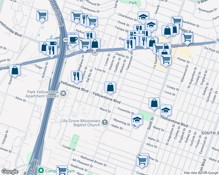 map of restaurants, bars, coffee shops, grocery stores, and more near 6806 Cadillac Street in Houston