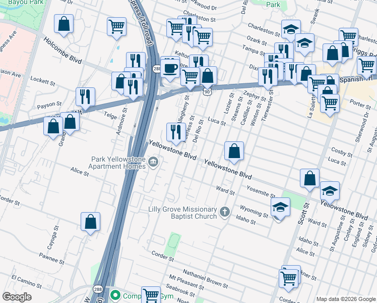 map of restaurants, bars, coffee shops, grocery stores, and more near 6839 Del Rio Street in Houston