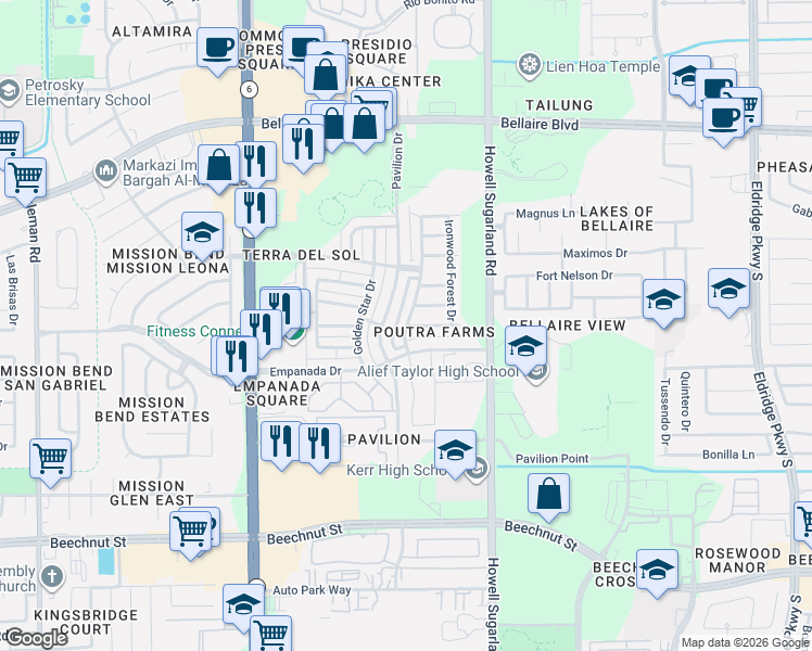 map of restaurants, bars, coffee shops, grocery stores, and more near 14271 Pointa Vera Drive in Houston