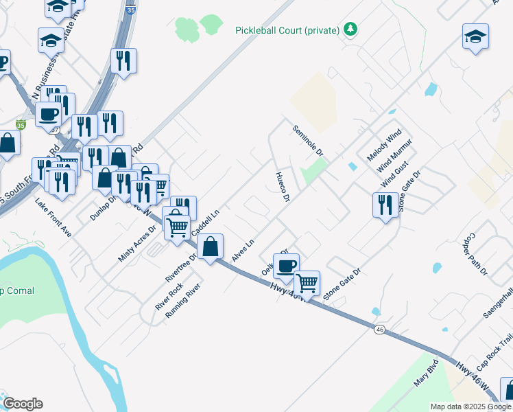 map of restaurants, bars, coffee shops, grocery stores, and more near 1136 Brown Rock Drive in New Braunfels