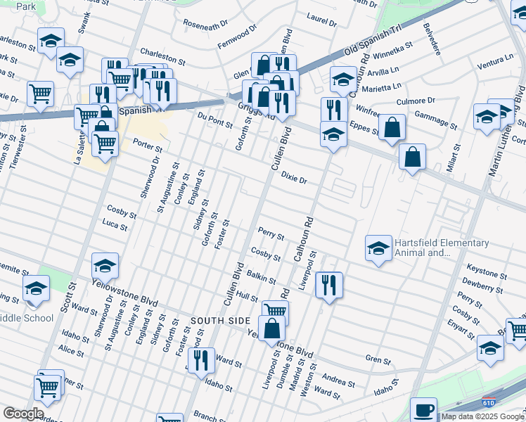 map of restaurants, bars, coffee shops, grocery stores, and more near 4501 Dewberry Street in Houston