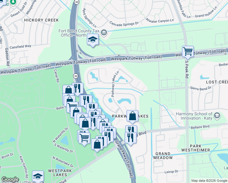 map of restaurants, bars, coffee shops, grocery stores, and more near 23530 Lakewind Park Lane in Richmond