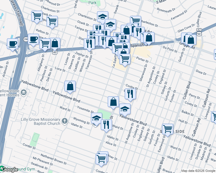 map of restaurants, bars, coffee shops, grocery stores, and more near 3802 Luca Street in Houston