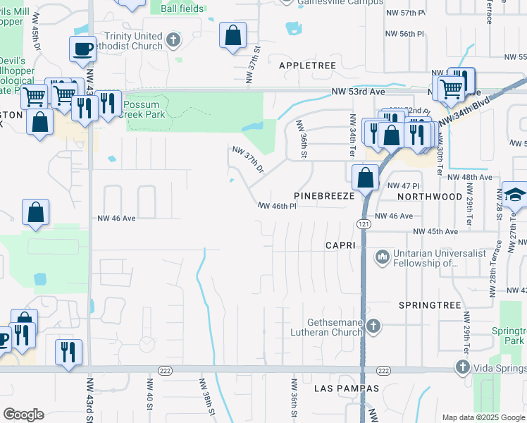 map of restaurants, bars, coffee shops, grocery stores, and more near 3703 Northwest 46th Place in Gainesville