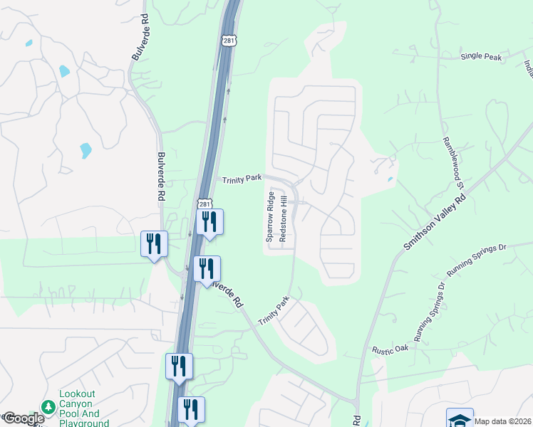 map of restaurants, bars, coffee shops, grocery stores, and more near 26807 Sparrow Ridge in San Antonio