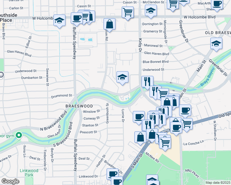 map of restaurants, bars, coffee shops, grocery stores, and more near 2904 North Braeswood Boulevard in Houston