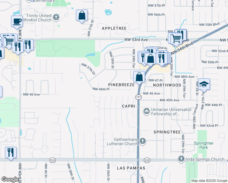 map of restaurants, bars, coffee shops, grocery stores, and more near 3537 Northwest 46th Place in Gainesville