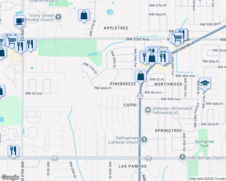 map of restaurants, bars, coffee shops, grocery stores, and more near 3537 Northwest 46th Place in Gainesville