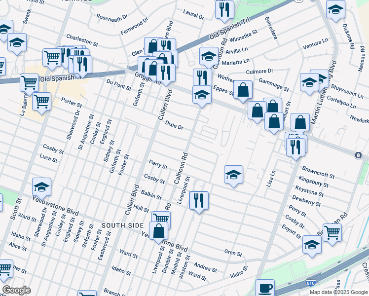 map of restaurants, bars, coffee shops, grocery stores, and more near 4529 Keystone Street in Houston
