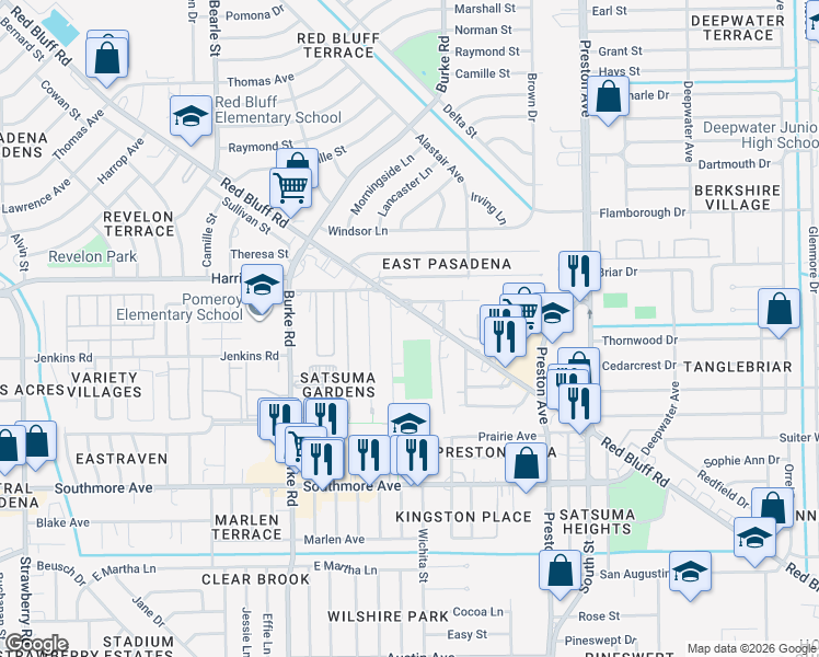 map of restaurants, bars, coffee shops, grocery stores, and more near 2428 Red Bluff Road in Pasadena