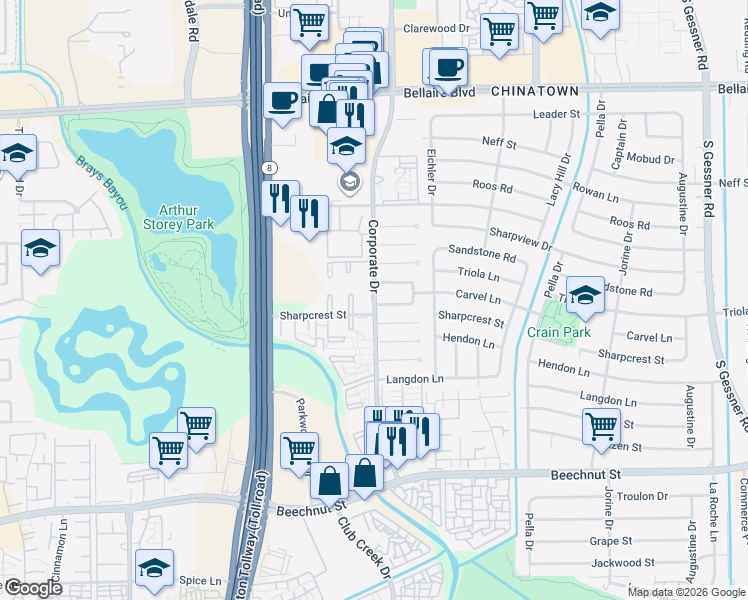 map of restaurants, bars, coffee shops, grocery stores, and more near 7552 Corporate Drive in Houston