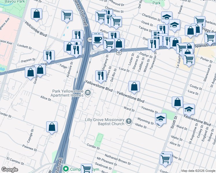 map of restaurants, bars, coffee shops, grocery stores, and more near 6839 Del Rio Street in Houston