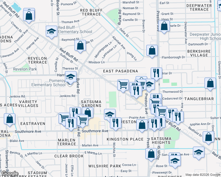 map of restaurants, bars, coffee shops, grocery stores, and more near 2428 Red Bluff Road in Pasadena