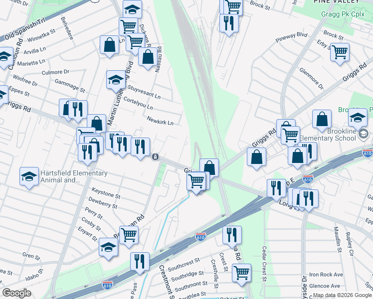 map of restaurants, bars, coffee shops, grocery stores, and more near 5628 Sunrise Road in Houston