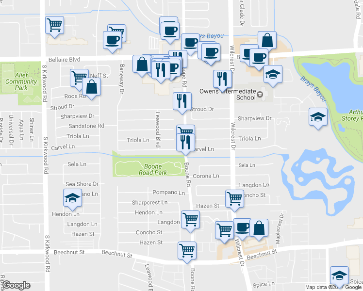 map of restaurants, bars, coffee shops, grocery stores, and more near 7490 Boone Road in Houston
